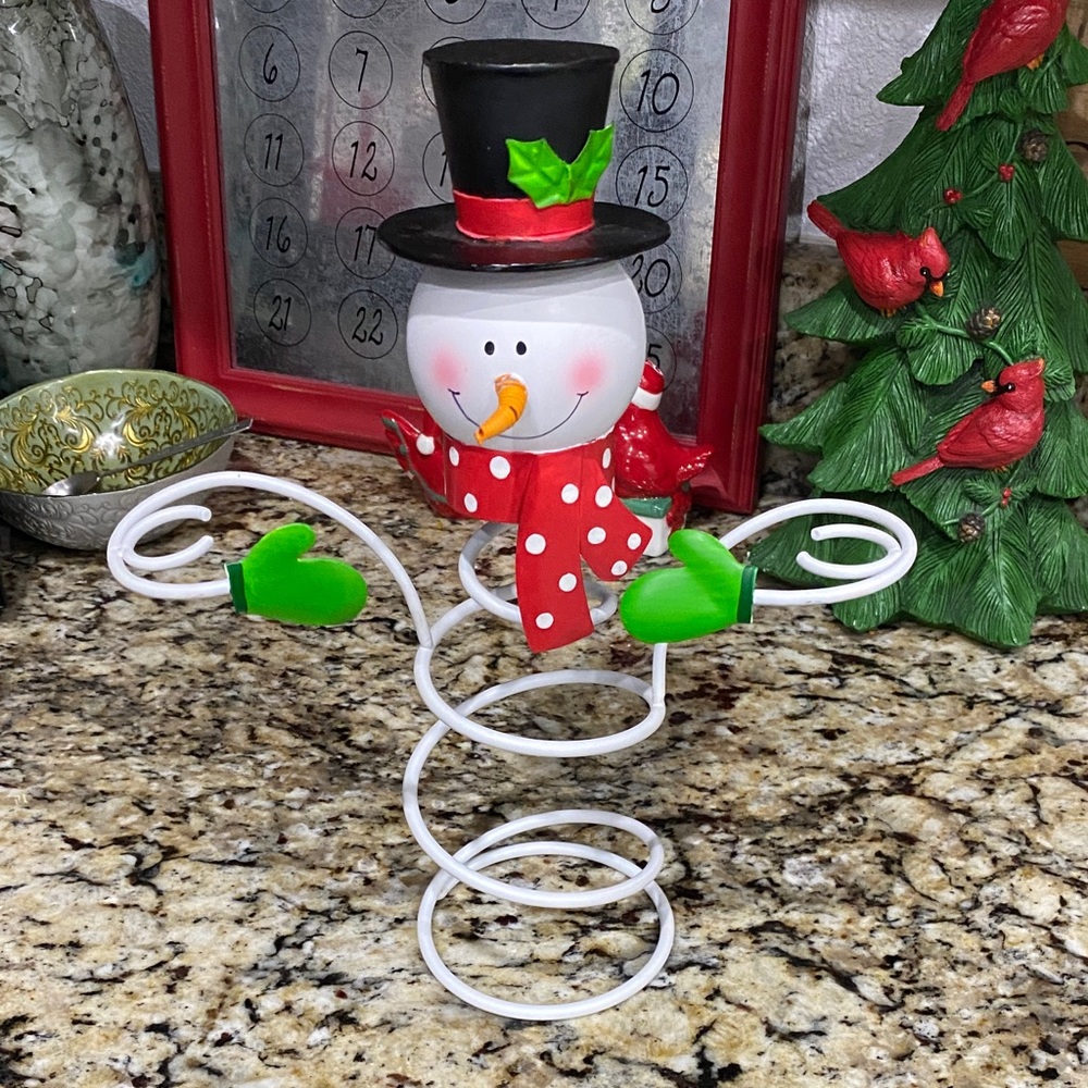 Festive Snowman wine Holder with Green Mittens